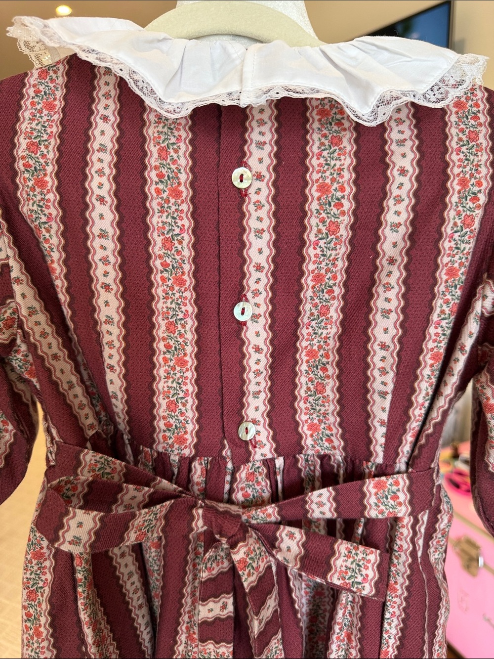 La Coqueta - Girls Burgundy Floral Striped Hand Smocked Dress - Size: 8Y - Picture 6 of 10